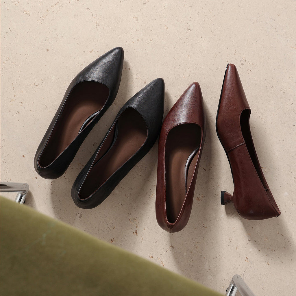Women's Pointed-Toe Kitten Heel Pumps | Washed Full-Grain Cowhide Office Shoes