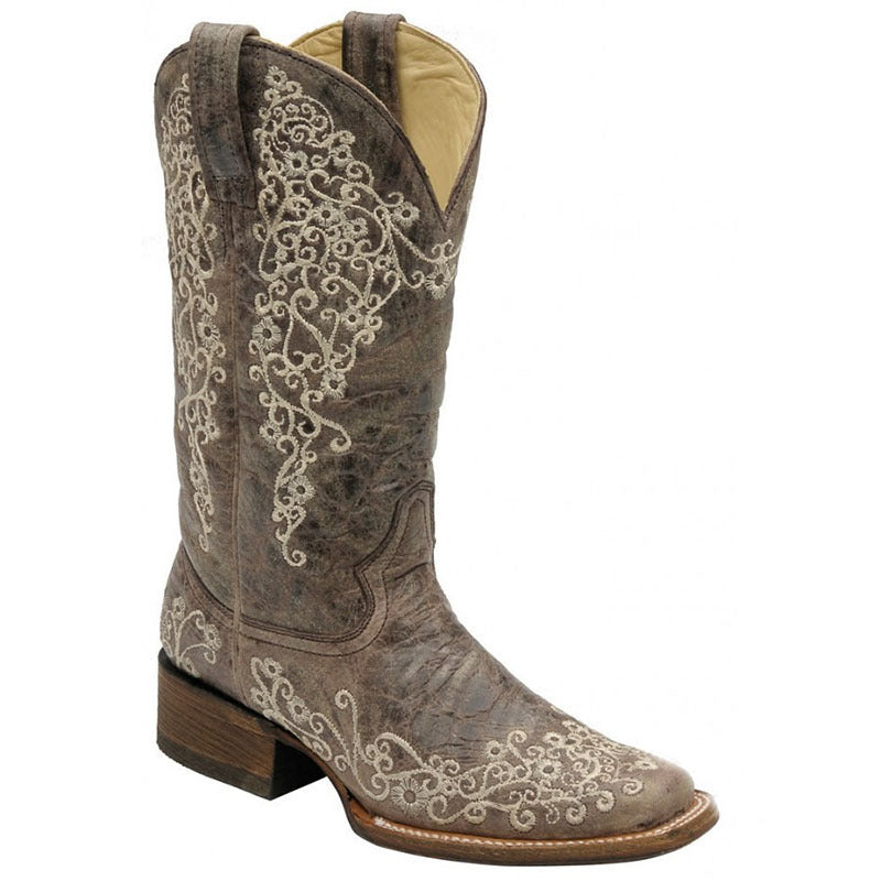 Women's Embroidered Chunky Heel Square Toe Mid-Calf Knight Boots | Slip-On Winter Boots
