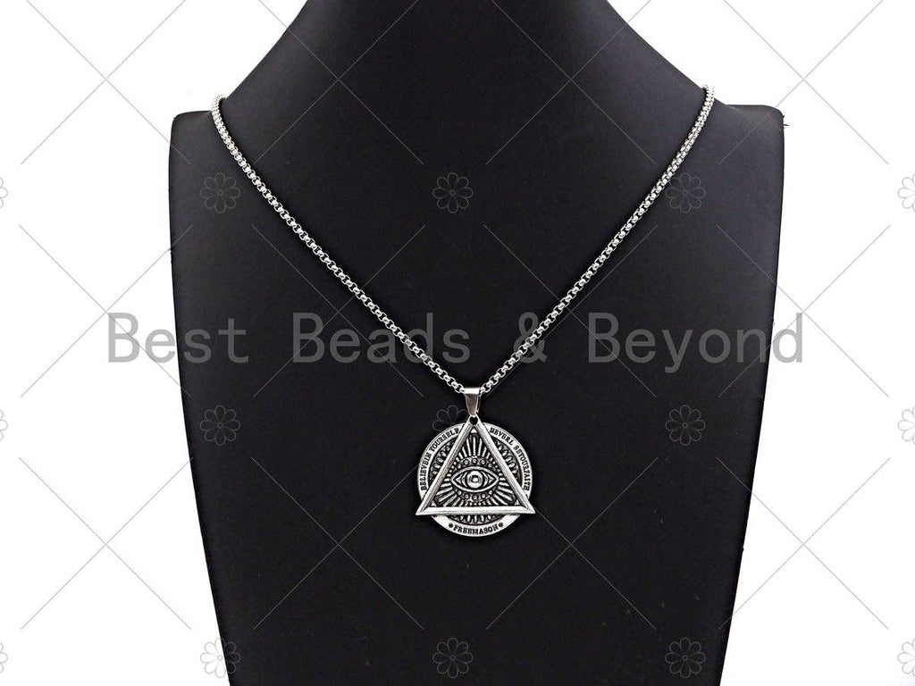 Protection Eye Skull Engraved Pendant Necklae, Stainless Steel Silver Chain Necklace -Men's Jewelry - Pendant Necklace, sku#L341