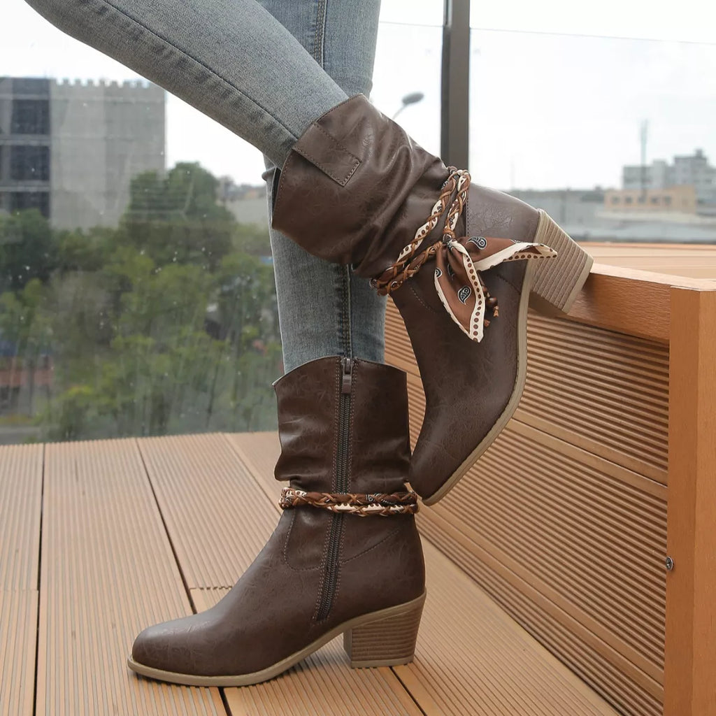 Women's Braided Detail Western Cowgirl Boots | Block Heel Ankle Boots | PU Leather