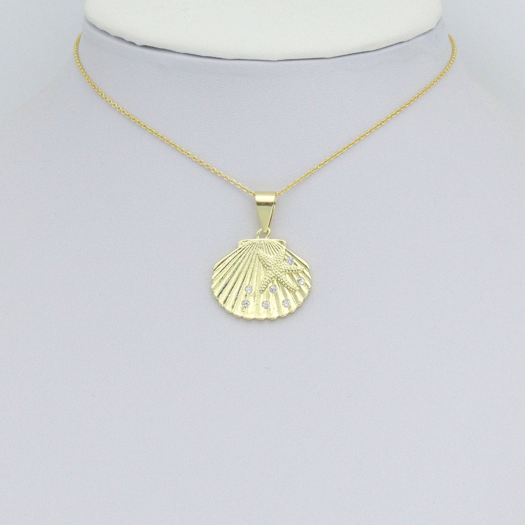 CZ Gold Starfish On Shell Charm Pendant, Sku#LK1159