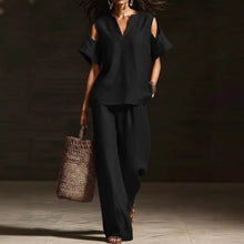 Load image into Gallery viewer, V-Neck Short Sleeve Top &amp; Straight-Leg Pants Set – Ripped Detail, Pockets, Solid Color