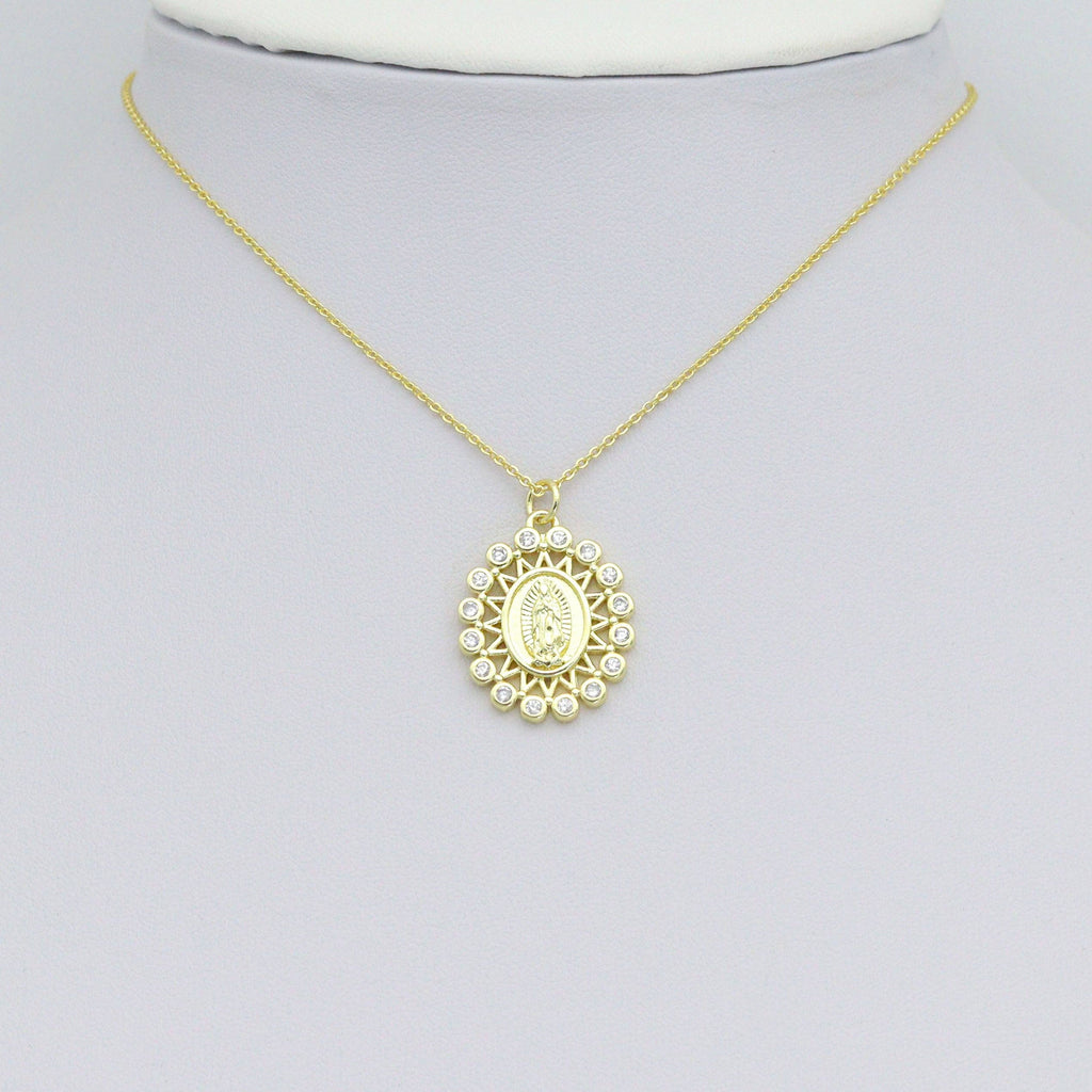 Clear CZ Gold Virgin Mary On Oval Shape Charm Pendant, Sku#LK1113