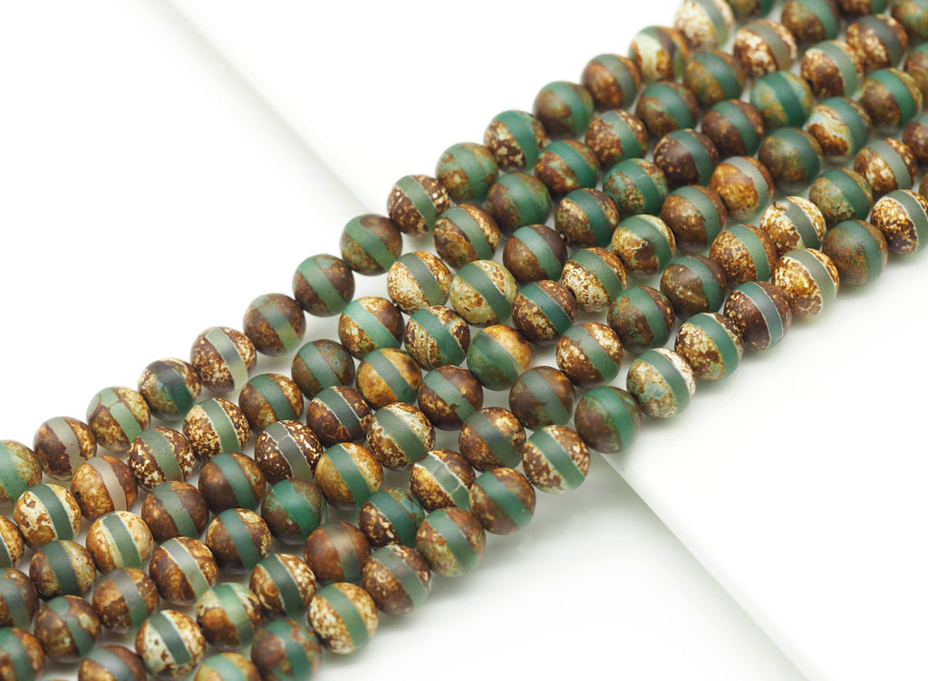 One Line Green Tibetan Agate 10mm Round Smooth Beads, Sku#U1317