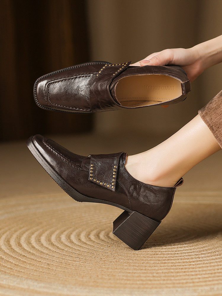 Women's British Style Square-Toe Chunky Heel Pumps | Studded Deep-Vamp High Heels