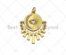 Load image into Gallery viewer, CZ Micro Pave Evil Eye Cresent Moon On Round Coin With Radial Pendant/Charm, Real Gold Plated Charm Pendant,22x27mm, Sku#L427