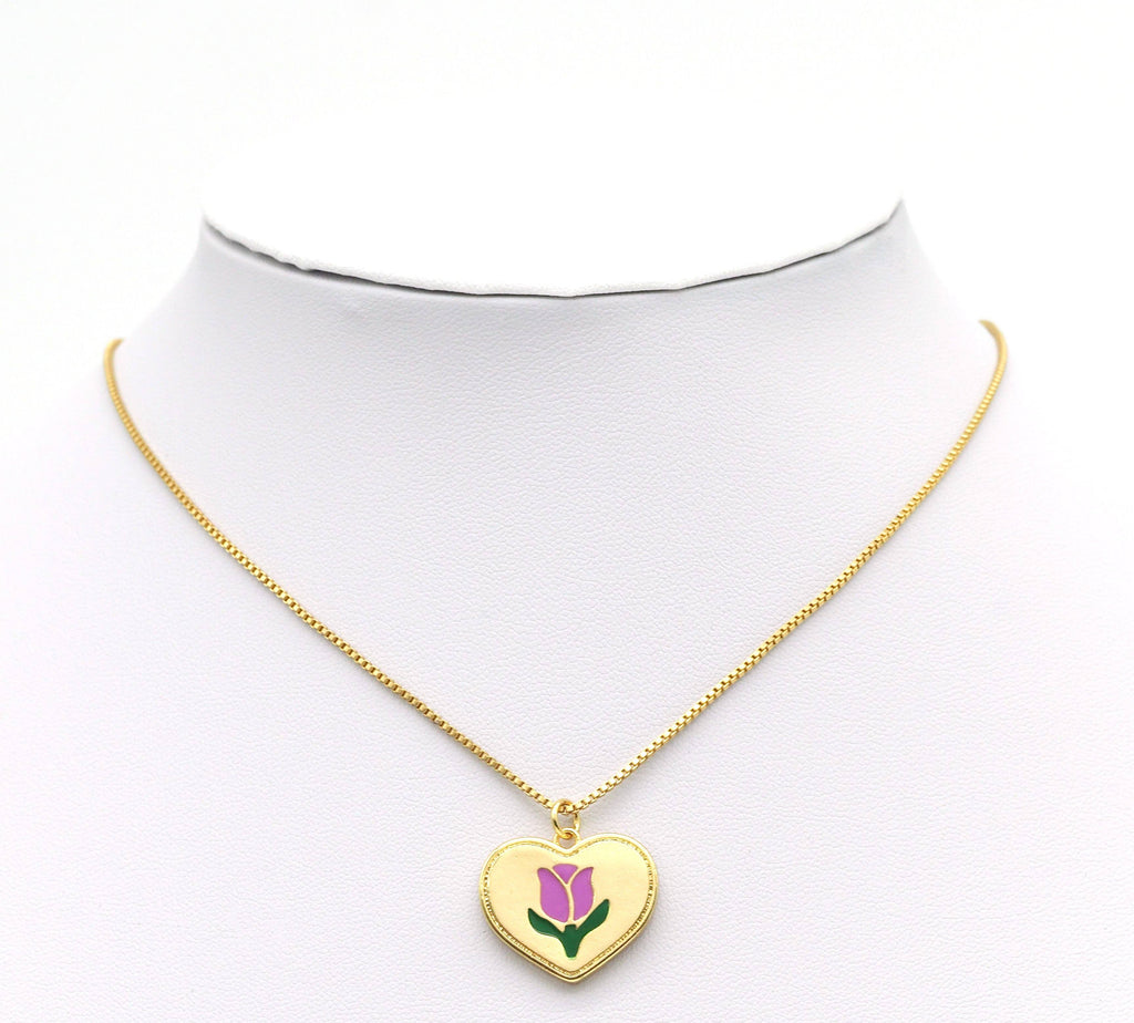 Enamel Tulip Flower On Heart Shape Pendant, Sku#L649