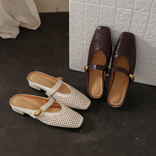 Load image into Gallery viewer, Women's Sheepskin Mary Jane Mules | Perforated Square Toe Low Block Heel Slides