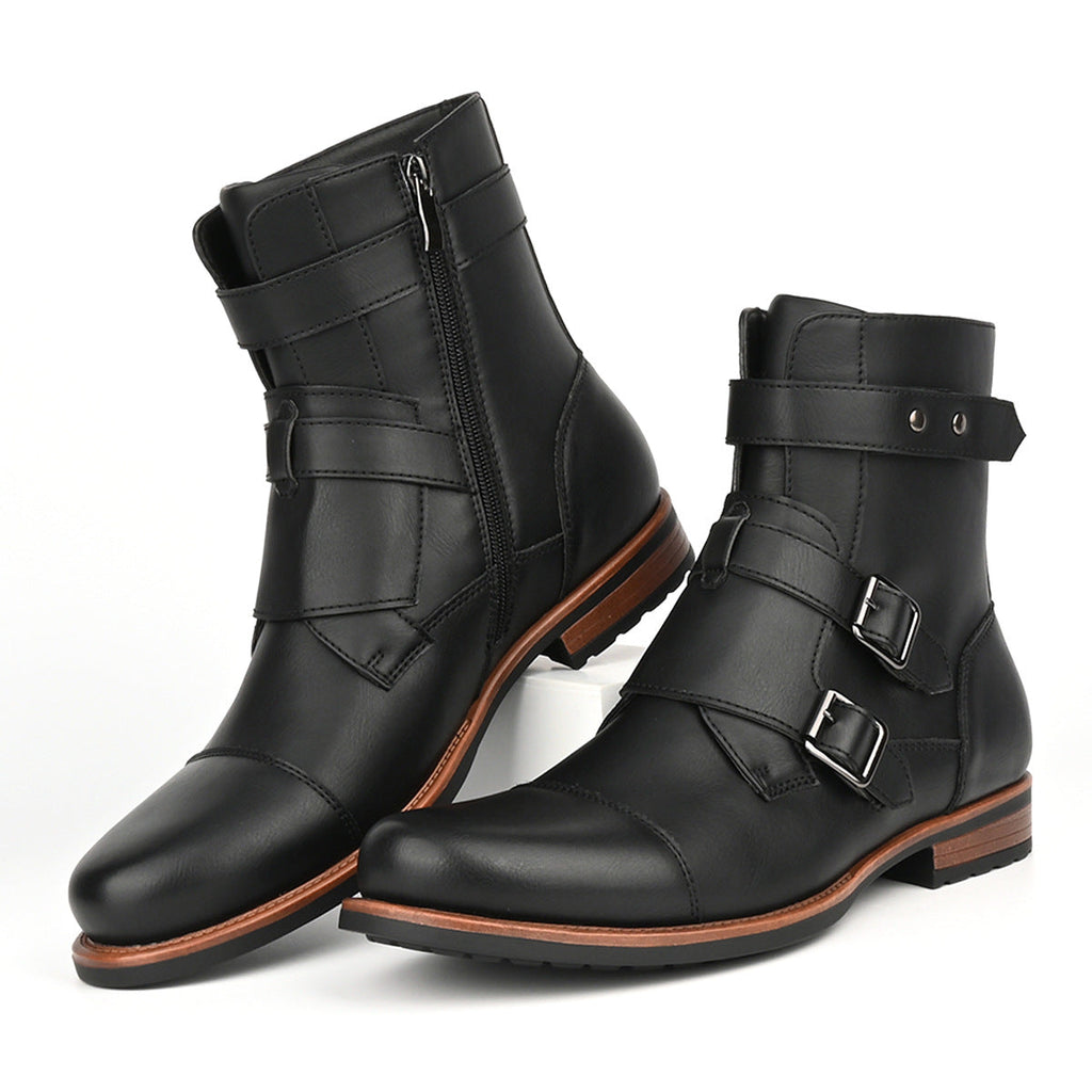 Men's Vintage Denim Boots | Metal Buckle Side-Zip Low Heel – Black & Brown