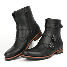Load image into Gallery viewer, Men's Vintage Denim Boots | Metal Buckle Side-Zip Low Heel – Black &amp; Brown