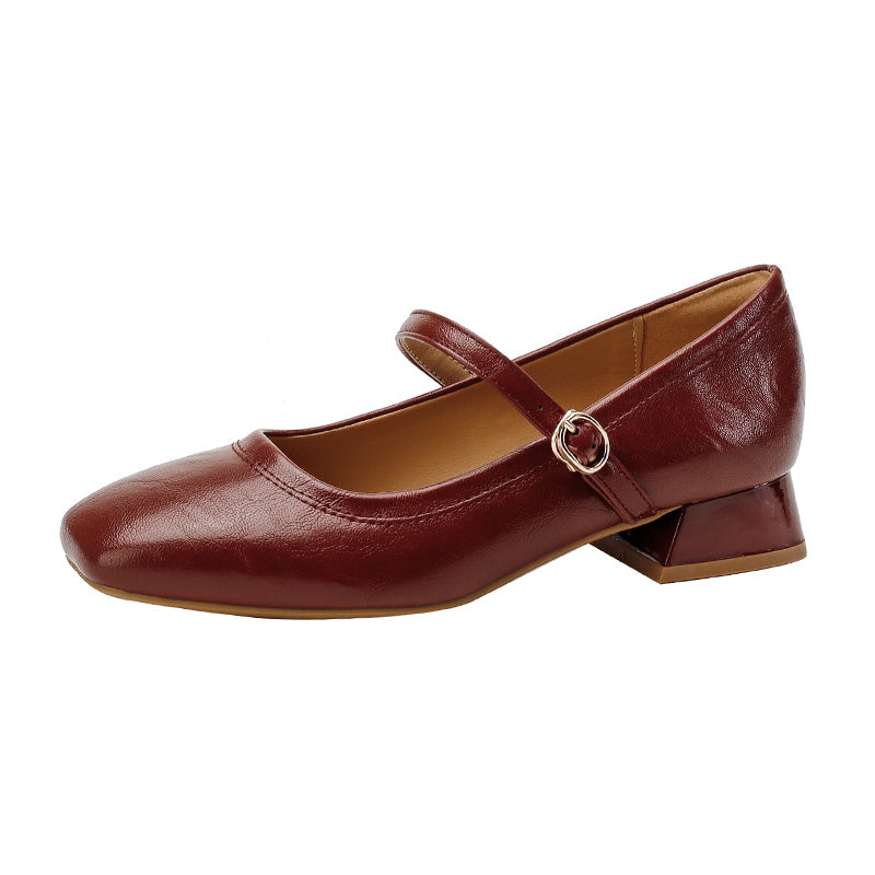 Mary Jane Chunky Heel Retro Buckle Strap Women's Shoes – Plus Size | Burgundy Black Apricot