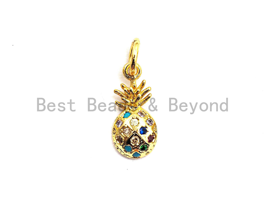 Small CZ Colorful Micro Pave Pineapple Pendant, Pineapple  Shaped Pave Pendant, Gold plated Pineapple Charm, 6x13mm, Sku#F760