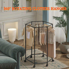 Load image into Gallery viewer, 360° Rotating Freestanding Clothing Rack – Hexagonal Carbon Steel Organizer with Wheels