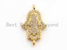 Load image into Gallery viewer, CZ Clear Micro Pave Hamsa Hand Connector, CZ Pave Jewelry Charm Findings, Bracelet Charm link findings, Gold/Rose gold 11x18mm,sku#A55