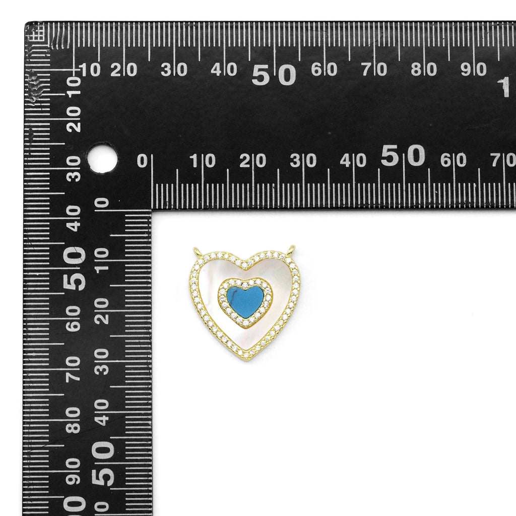 CZ Gold Mother of Pearl Turquoise Malachite Heart  Charm, Sku#LX329