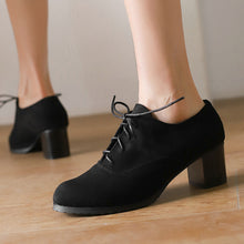 Load image into Gallery viewer, Women's Round Toe Chunky Heel Lace-Up Shoes - Suede Matte Finish High Heels