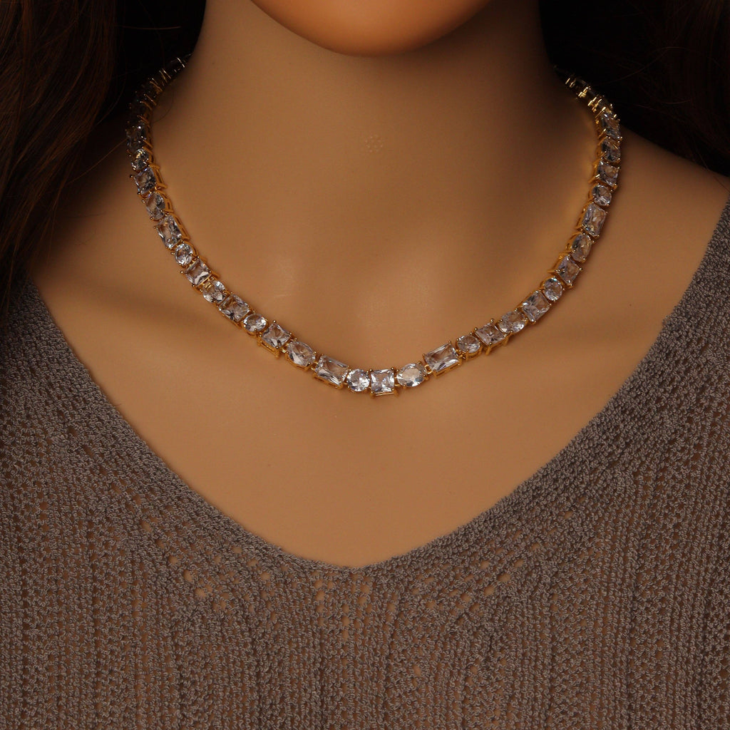 Gold Silver CZ Square Oval Link Statement Necklace, Sku#A121