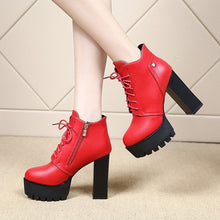 Load image into Gallery viewer, Chunky Heel Platform Boots for Women - Mid-Calf Pointed Toe Boots with Side Zipper
