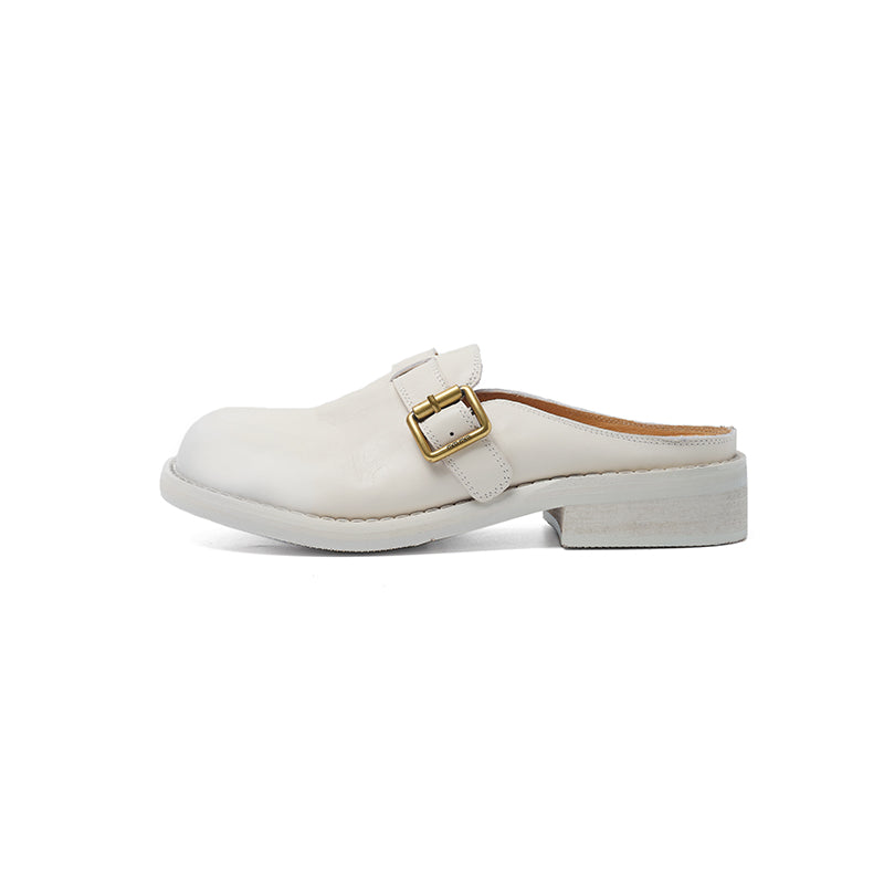 Women's Full Grain Leather Buckle Mules | Retro Low Block Heel Backless Shoes