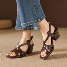 Load image into Gallery viewer, Women's Block-Heel Cross-Strap Sandals | Full-Grain Cowhide Leather Heeled Sandals