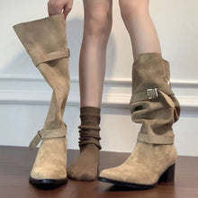 Load image into Gallery viewer, Women's Khaki Suede Pointed-Toe Chunky Heel Boots - Side Zipper High-Top Ankle Boots
