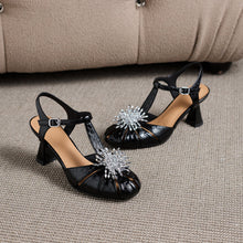 Load image into Gallery viewer, Women's Crystal Embellished Mary Jane Heeled Sandals | Genuine Leather T-Strap Closed-Toe Pumps