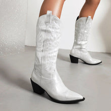 Load image into Gallery viewer, Women's Tall Western Boots – Embroidered Sequin Chunky Heel High Boot | Black, White &amp; Pink