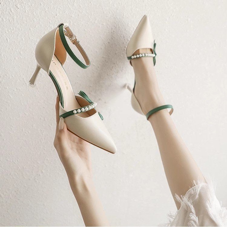 Women's Pointed-Toe Stiletto Pumps | Leather Strap Heels in Off-White & Emerald Green