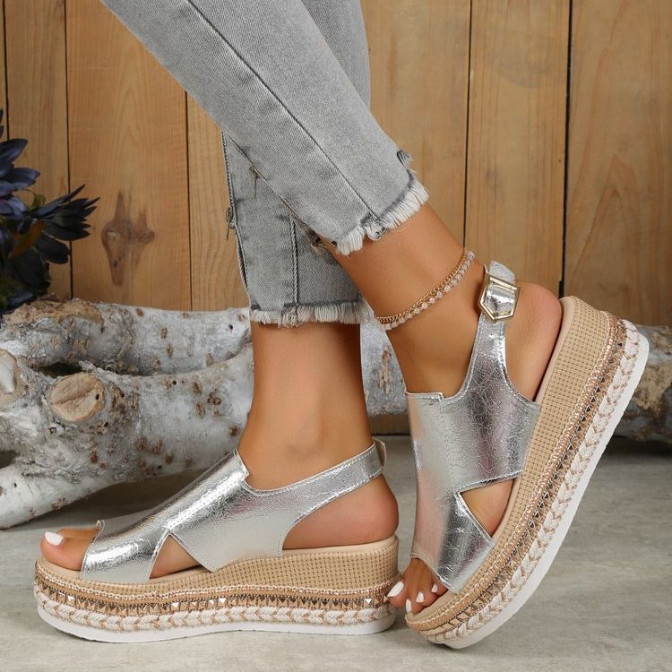 Women's Shiny Hollow Wedge Sandals - Fish Mouth Peep Toe Buckle Strap Summer Shoes