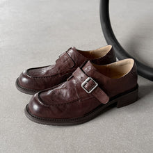Load image into Gallery viewer, Women's Washed Leather Monk Strap Loafers | Handmade Buckle Low Block Heel Shoes