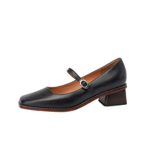 Load image into Gallery viewer, Retro Square Toe Chunky Heel Leather Pumps - Genuine Cowhide Leather Women's Shoes