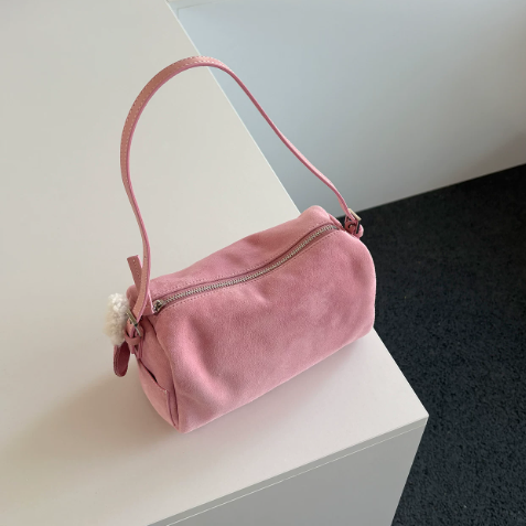 Women's Suede Barrel Tote & Shoulder Bag – Zippered Minimalist Handbag