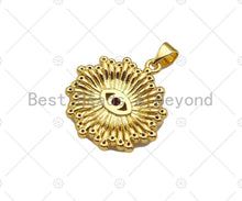 Load image into Gallery viewer, Fuchsia CZ Micro Pave 18k Gold Evil Eye On Sunflower Pendant, Cubic Zirconia Medallion Pendant,CZ Micro Pave Pendant,22x23mm, Sku#LK212