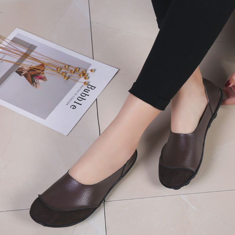 Women's Korean Casual Slip-On Loafers | Low Heel Round Toe Leather Shoes