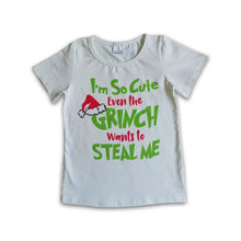 Load image into Gallery viewer, White short sleeve green face screen print girls Christmas shirt