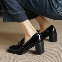 Load image into Gallery viewer, Women's Bow-Tie Chunky Heel Leather Pumps – Round Toe Mid-Cut Block Heel Shoes