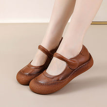 Load image into Gallery viewer, Women's Retro Flat Round-Toe Velcro Shoes – Genuine Leather | Black, Brown, Khaki