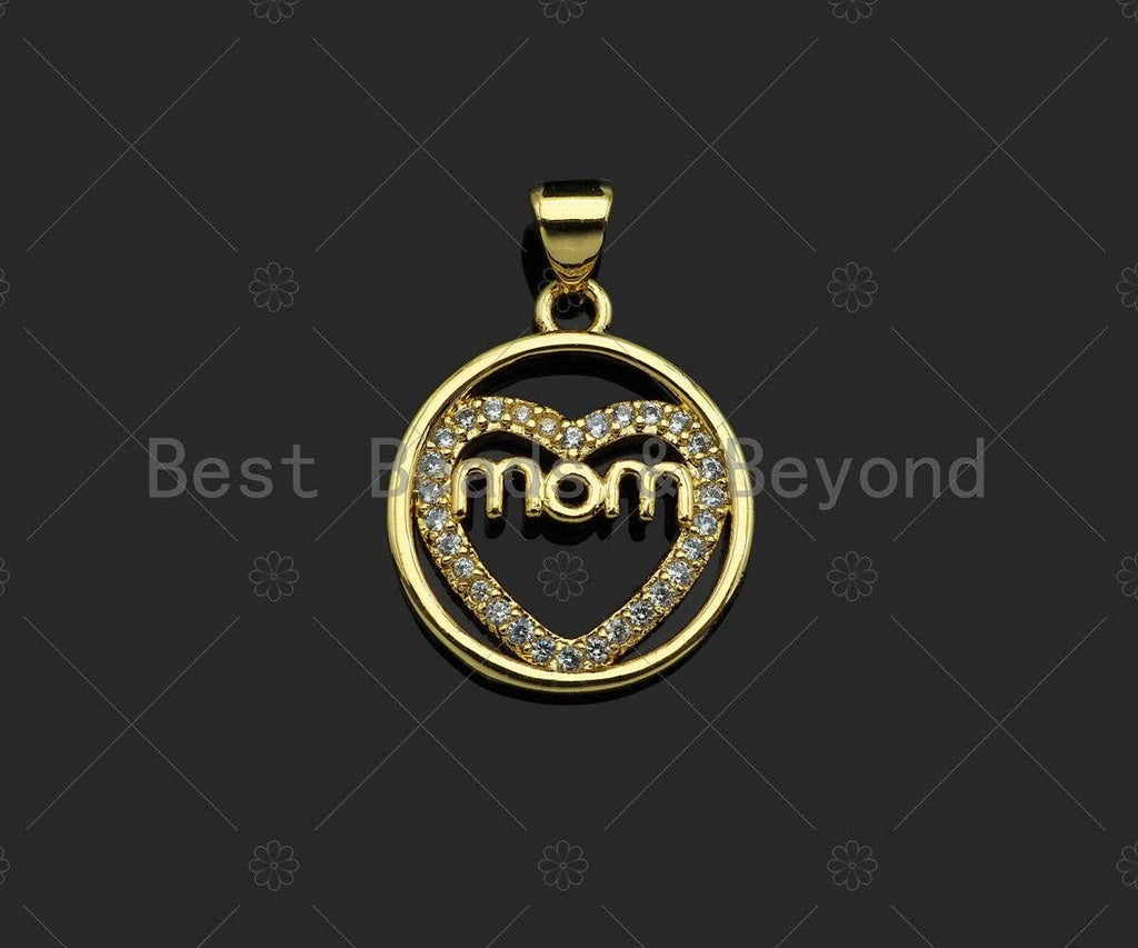 Gold Filled CZ Micro Pave Heart with Mom Word on Round Ring Shape Pendant, 18K Gold Filled Charm, Mother's Day Goft,17x20mm,Sku#LD121