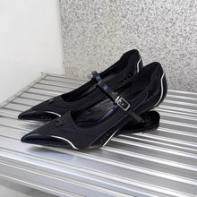Load image into Gallery viewer, Women's French-Style Pointed-Toe Buckle Heels – Chunky Stiletto Pumps in White &amp; Black