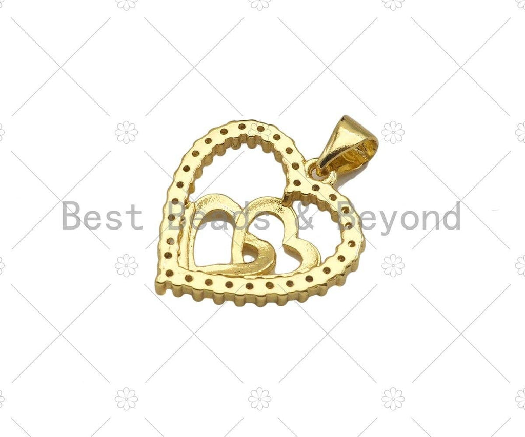 CZ Micro Pave Double Heart On Heart Shape Pendant,18K Dainty Gold Charm, Necklace Bracelet Charm Pendant,18x19mm,Sku#JL37
