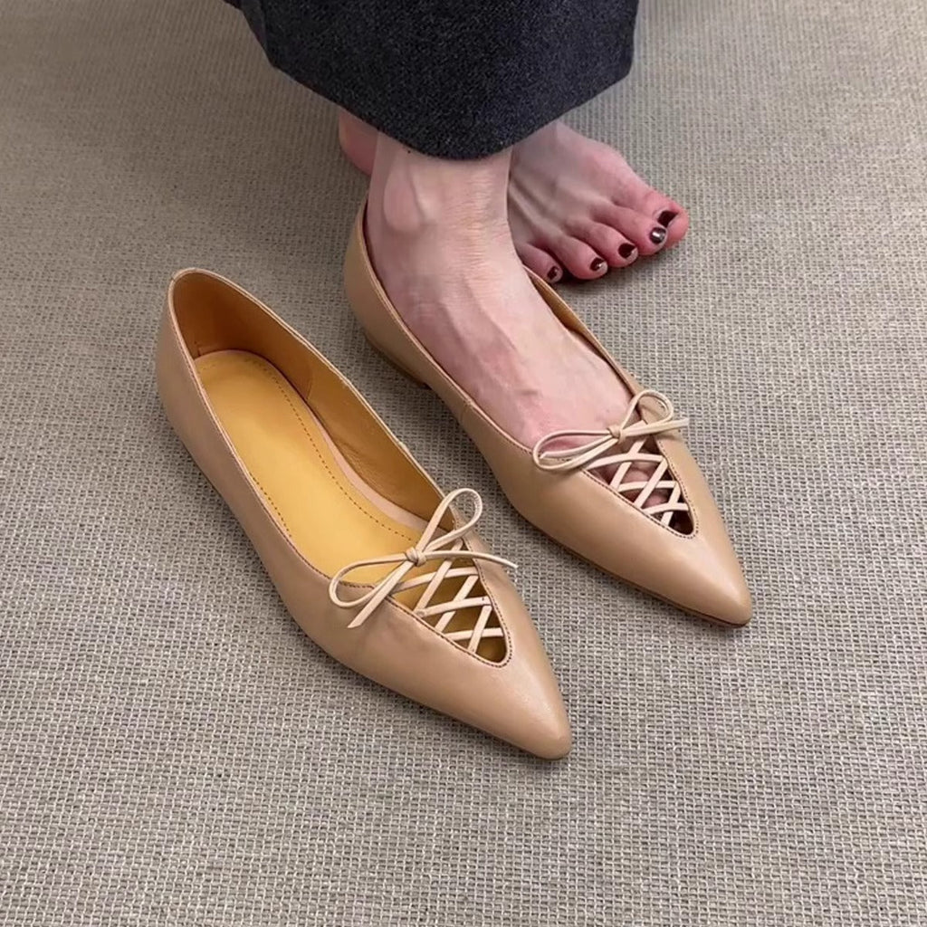 Women's Bow-Knot French Cutout Commuter Flat Shoes - Elegant Slip-On Ballet Flats