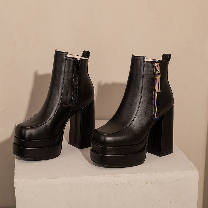 Women's Square Toe Chunky Heel Ankle Boots - Waterproof Platform Side Zipper Boots