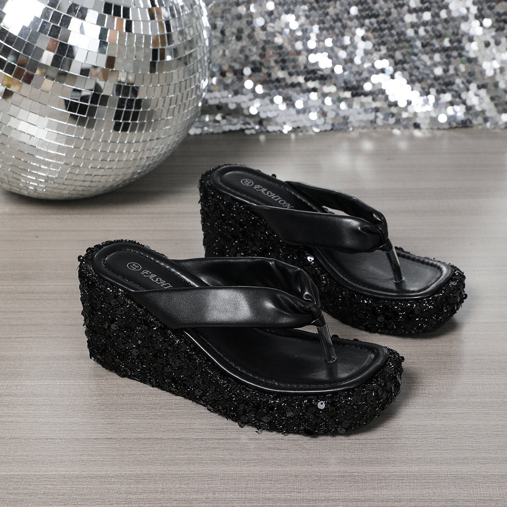 Women's Sequin Wedge Sandals | Glitter Platform Heels | Beach & Resort Sandals