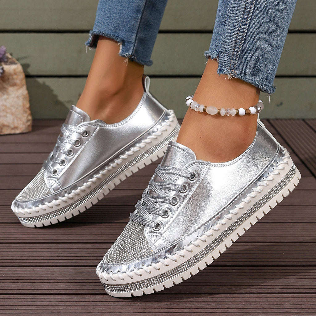 Women's Plus-Size Chunky Sole Sequin Sneakers | Lace-Up Low-Top | Gold Silver Black White