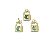 Load image into Gallery viewer, Gold Malachite Turquoise Abalone Cresent Moon Lock Charm, Sku#L681