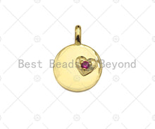 Load image into Gallery viewer, Fuchsia CZ Micro Pave Heart On Round Coin Shape Charm,18K Dianty Gold Medallion  Charm, Necklace Bracelet Charm Pendant,13x18mm, Sku#LK257
