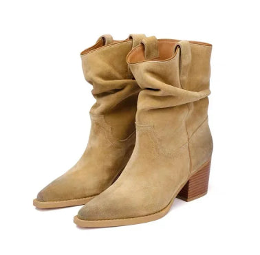 Women's Suede Pointed-Toe Chunky Heel Ankle Boots | Slip-On Mid-Calf Boots