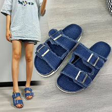 Load image into Gallery viewer, Women's Outdoor Belt-Buckle Flat Slide Sandals – Casual Denim Beach Sandals