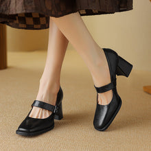 Load image into Gallery viewer, Women's Sheepskin Mary Jane Heels – Chunky Heel Buckle Strap Square Toe Shoes