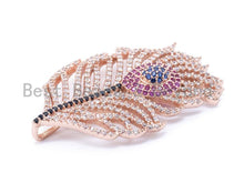 Load image into Gallery viewer, CZ Micro Pave Peacock Feather Pendant/Charm with Fuchsia Eye, Cubic Zirconia Pendant,28x46mm,1pc, sku#F98